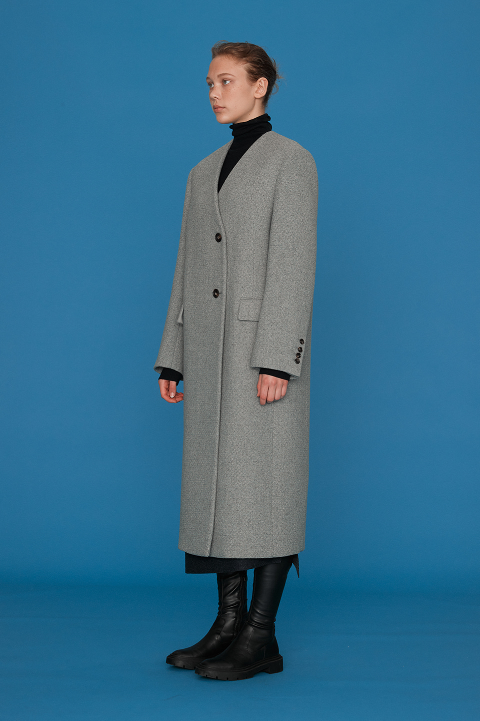 Jane No collar 2-button long coat_Grey