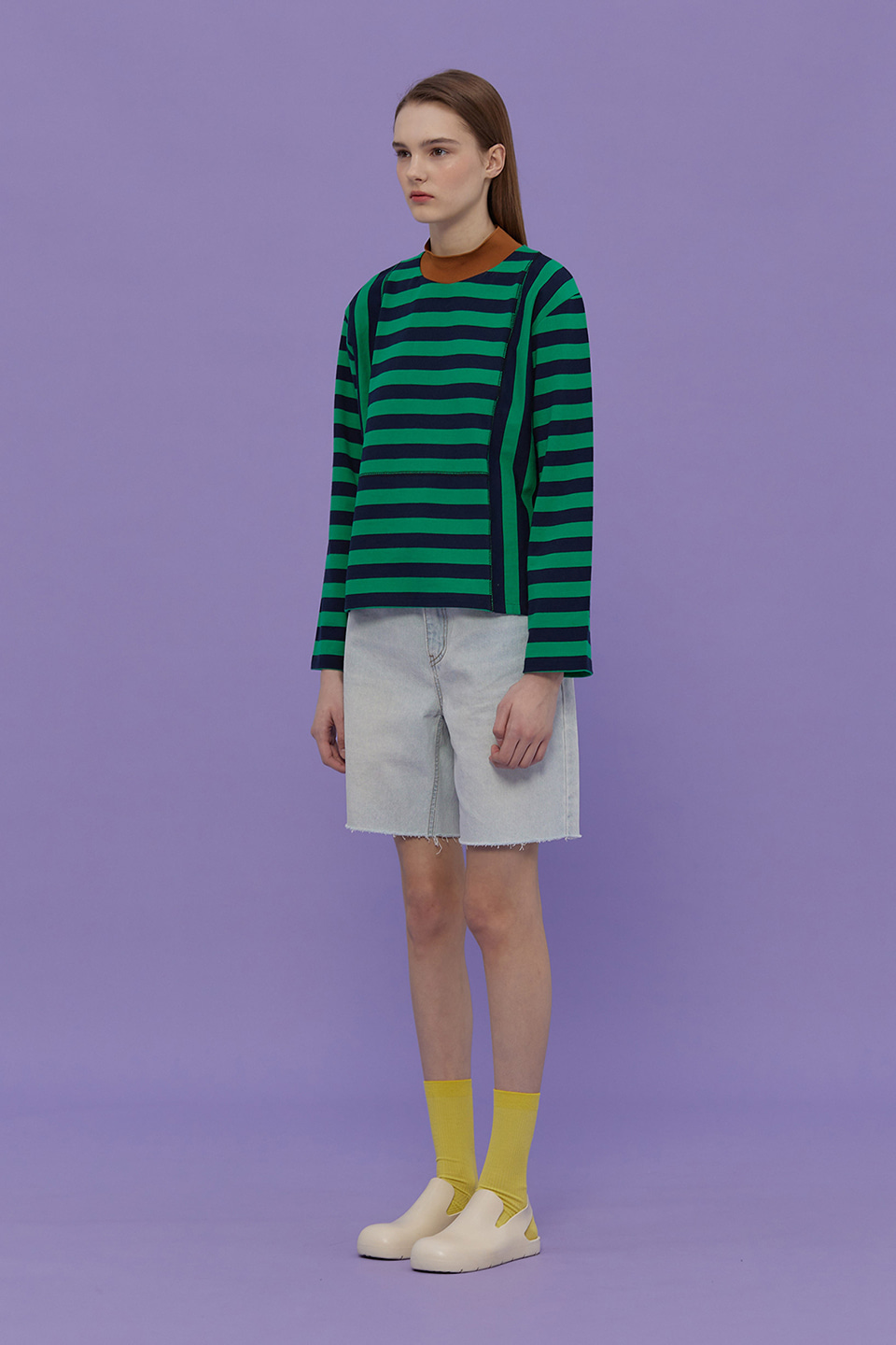 [MIDDLE SALE]Stitch Stripe T-Shirt_GREEN